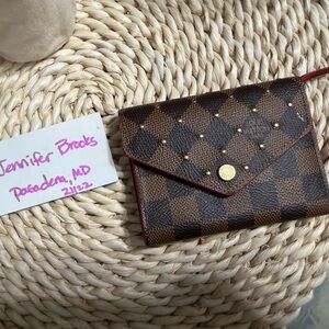Louis Vuitton Damier Ebene Studded Victorine  Wallet with Gold Accents